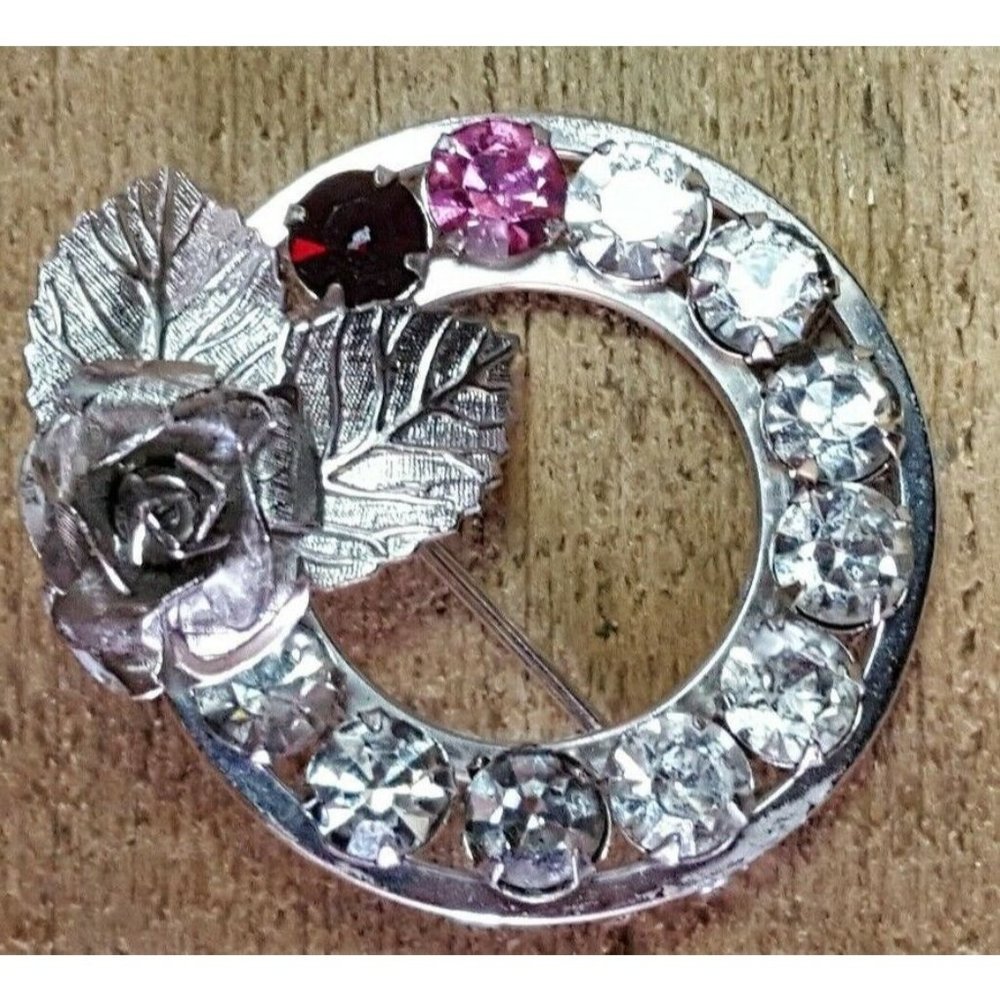 Vtg 12k GF White Gold Rose Crystal Brooch 32pb26b1